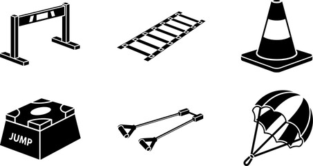Collection of sports and agility training equipment icons in isometric view