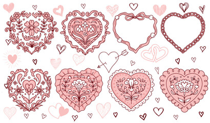 Pink retro frames withflowers and patterns and monograms. Vintage frames for Valentine's day on a white background.