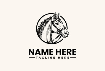 Fototapeta premium Black and white vector illustration of a horse's head within a circle, accompanied by placeholder text for a logo or brand name on a plain beige background.
