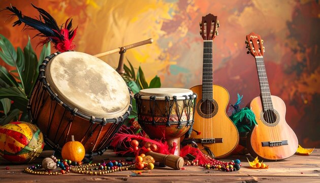 Still life of carnival musical instruments and decorations, rich colors, festive mood