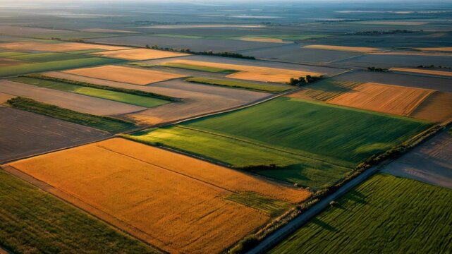 Aerial view of agricultural fields forming a colorful patchwork landscape, divided by rural roads under warm evening sunlight