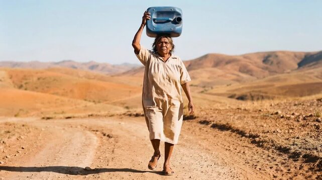 Woman carrying empty water container on her head while walking through dry, barren terrain in arid rural landscape during drought - Camera tracking backwards