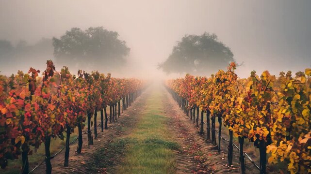 Rows of vineyard vines with colorful autumn leaves stretching into morning fog, forming a symmetrical rural agricultural landscape