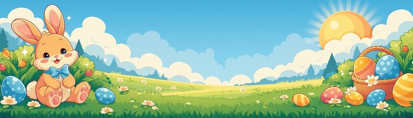 Happy easter bunny with colorful eggs in a sunny field cheerful spring scene