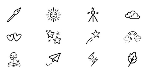 Fototapeta premium Doodle Style Icon Set Featuring Nature, Creativity, And Emotions. Artistic Expression, Weather Symbols, And Emotional Elements Outline Sketch Collection. Hand Drawn Isolated Vector Illustration