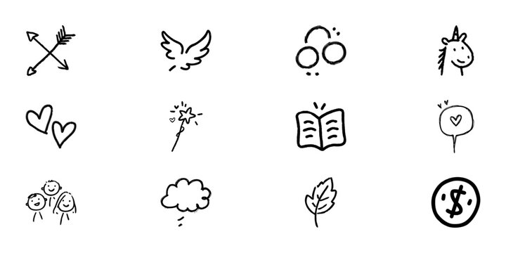 Hand Drawn Doodle Icons Set. Love, Freedom, Creativity, Knowledge, Fantasy, Nature And Finance Symbols Doodle Sketch Collection. Emotional Expression, Storytelling Concepts. Isolated Vector