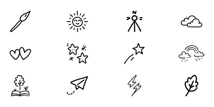 Doodle Style Icon Set Featuring Nature, Creativity, And Emotions. Artistic Expression, Weather Symbols, And Emotional Elements Outline Sketch Collection. Hand Drawn Isolated Vector Illustration