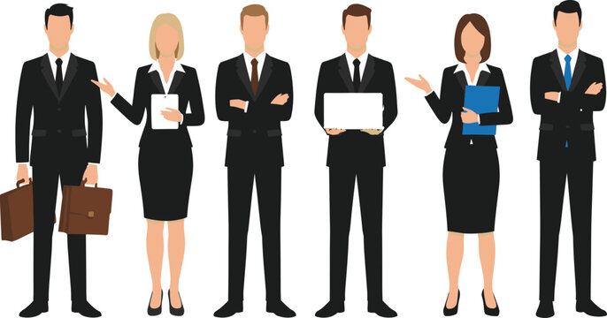 Professional business team illustration showing confident men and women in formal suits representing corporate leadership and office workforce