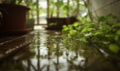 Naklejka premium A potted plant is sitting on a wooden floor