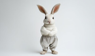 Obraz premium A white rabbit wearing a sweater and pants