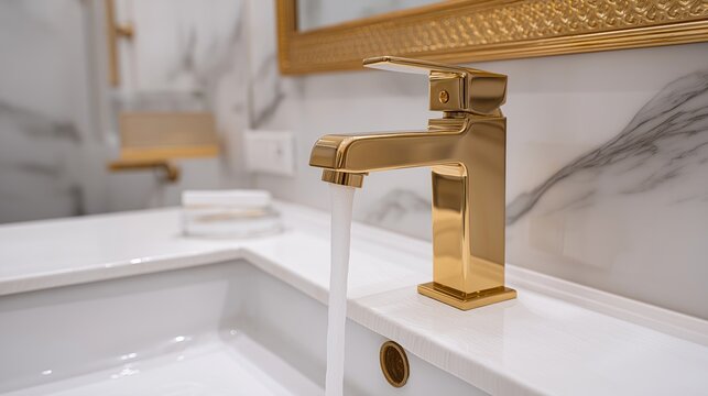 A gold faucet is dripping water from a sink