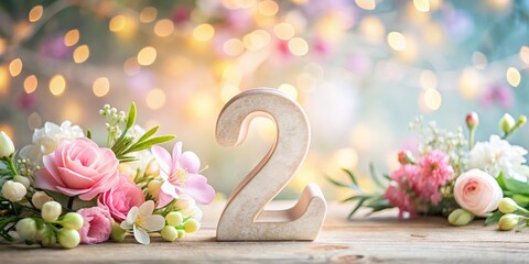 Floral Number 2 With Roses And Spring Flowers On Soft Bokeh Background, Elegant Anniversary And Birthday Concept, Copy Space For Greeting Card, Wedding Design, Marketing And Seasonal Promotion