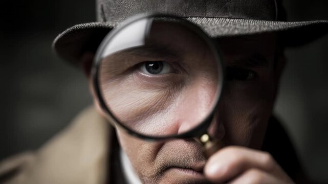 Middle aged Caucasian man detective looking for clues through a magnifying glass in closeup portrait indoors, concept for investigation and surveillance
