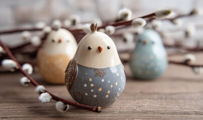 Fototapeta premium Three small birds are sitting on a wooden surface