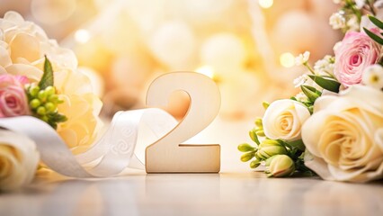 Floral Number 2 With Roses And Spring Flowers On Soft Bokeh Background, Elegant Anniversary And Birthday Concept, Copy Space For Greeting Card, Wedding Design, Marketing And Seasonal Promotion
