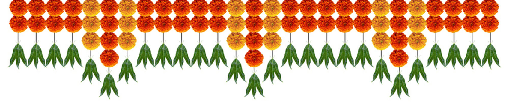 Orange yellow marigold hanging flower with mango leaves for hindu festivals and wishes