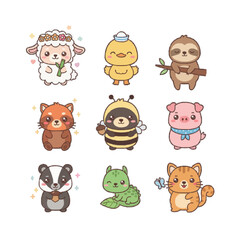Obraz premium Kawaii Animal Sticker Set with Cute Panda, Cat, Sloth and Red Panda