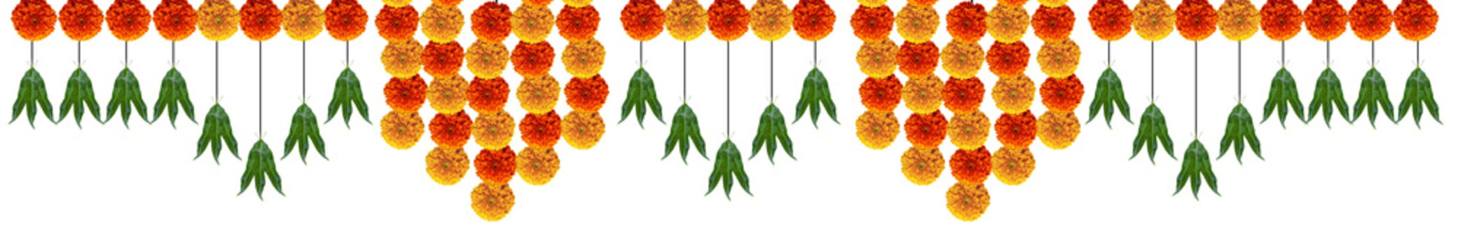 Orange yellow marigold hanging flower with mango leaves for hindu festivals and wishes
