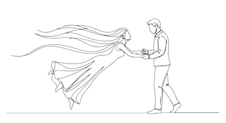 Fototapeta premium Continuous line drawing of a romantic couple dancing gracefully, capturing elegant movement and emotional connection in minimalist vector art