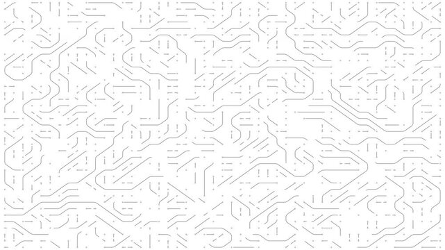 Seamless black and white minimalist background animation featuring intricate circuit board traces and nodes. A clean digital pattern ideal for tech, AI, and cybersecurity motion graphics
