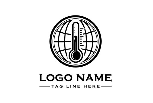 Black and white logo design featuring a thermometer on a globe with a tagline on a clean white background.