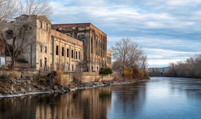 Obraz premium A building with a lot of windows is on the side of a river