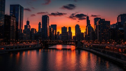 Fototapeta premium A serene cityscape at sunset with a river and bridge