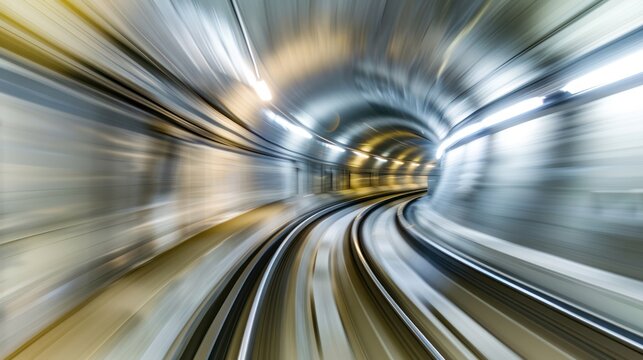 Motion Blurred View Of underground metal tunnel metro fast speed