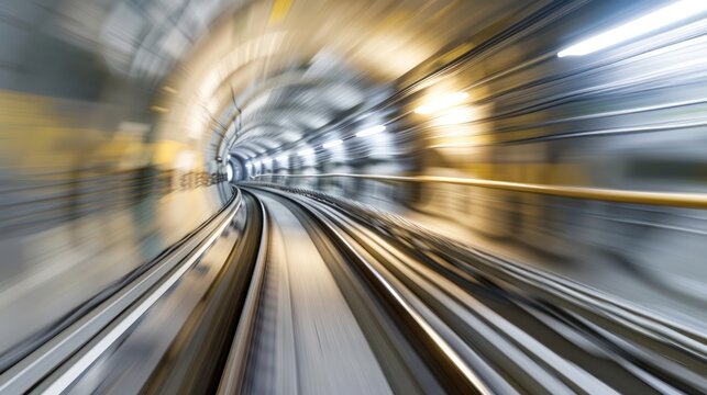Motion Blurred View Of underground metal tunnel metro fast speed