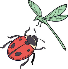 Fototapeta premium Friendly ladybug and dragonfly interacting in garden air