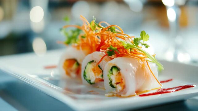 Fresh vegetable spring rolls on white plate

