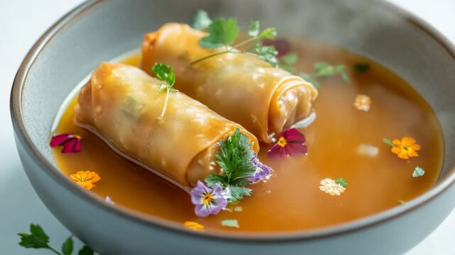 Fried spring rolls in soup with floral garnish
