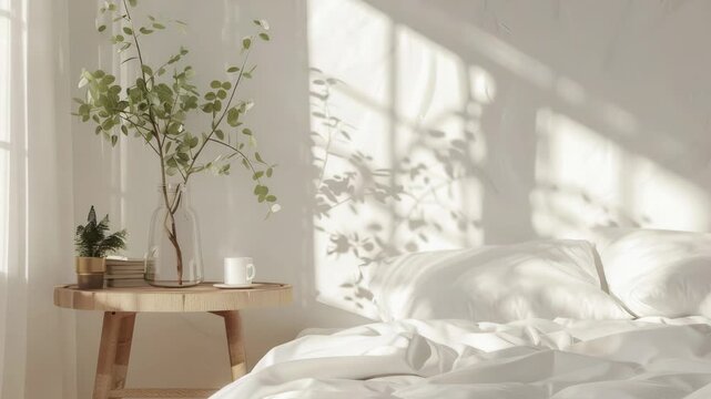 Video A cozy bed scene with a white comforter and pillows