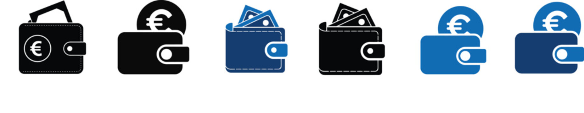 Wallet purse and euro payment icon set, financial transaction, money savings, digital banking, cash currency, and more vector illustration.