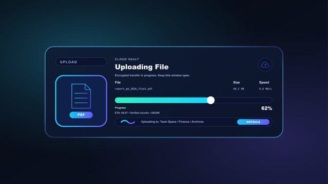 Cloud File Upload Interface with Progress Bar on Dark UI. Loading window in futuristic colors, bar interface for mobile App, Web site, dashboard. UI, UX upload. Vector graphic