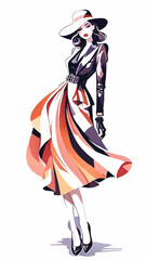 fashion lady in vintage outfit and hat watercolor vector illustration