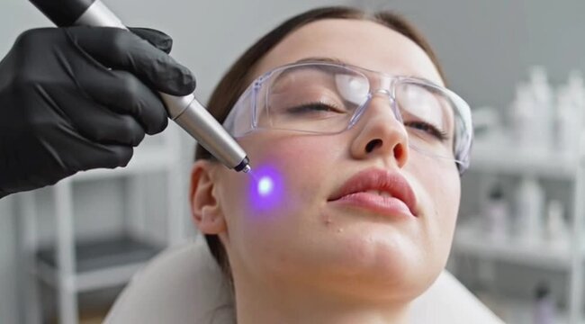LED light facial wand treatment for skincare glow and rejuvenation. Generative AI