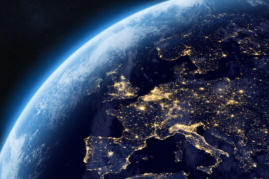 A view of the night side of the Earth. Europa as seen from space. Night on planet with cities lights. Northern, Southern, Eastern, and Western Europe at night viewed from space.