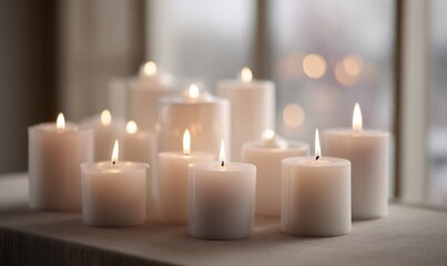 A row of candles are lit and arranged on a table