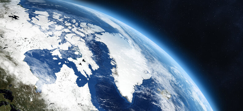 Planet Earth in space. Greenland, Iceland, Canada, USA, Denmark, North Atlantic Sea. Nordic countries, view from orbit. 