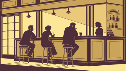 Fototapeta premium Vector illustration of people sitting at a bar counter in a pub or restaurant, viewed from outside through large windows at night.