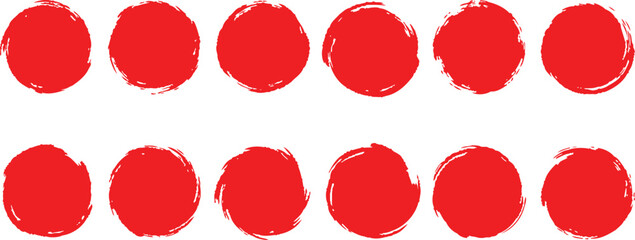 Collection of twelve vibrant red hand-drawn brush stroke circles with irregular edges on a white background, perfect for abstract design elements.