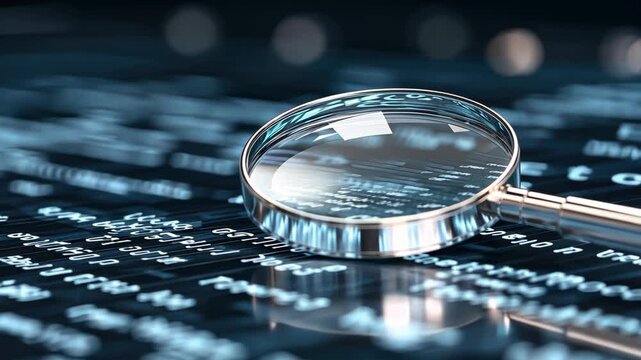 A magnifying glass helps to examine small text and data on a computer screen, focusing on digital information clearly