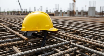 Yellow Hard Hat on Construction Site Rebar.
