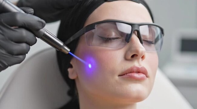 LED light facial wand treatment for skincare glow and rejuvenation. Generative AI