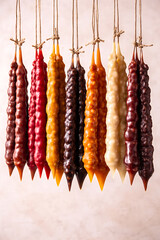 Traditional Georgian churchkhela dessert hanging display, minimal backdrop