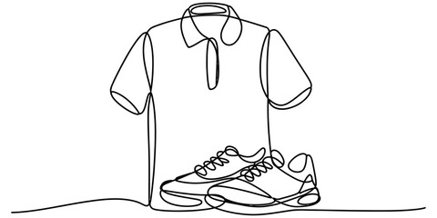 Minimalism continuous line art of a stylish polo shirt and a pair of athletic sneakers Vector, illustration © Single Line Art