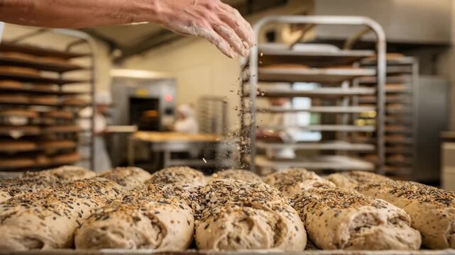 Medium shot capturing the sprinkling of seeds over dough by hand emphasizing artisanal techniques in a busy baking production line.