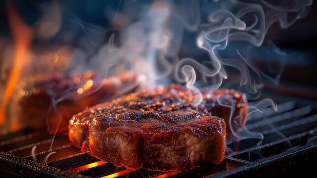 Grilled beef steak sizzling over open flame with smoke and fire on barbecue grill