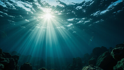 Underwater light rays illuminating ocean floor in realistic detail  